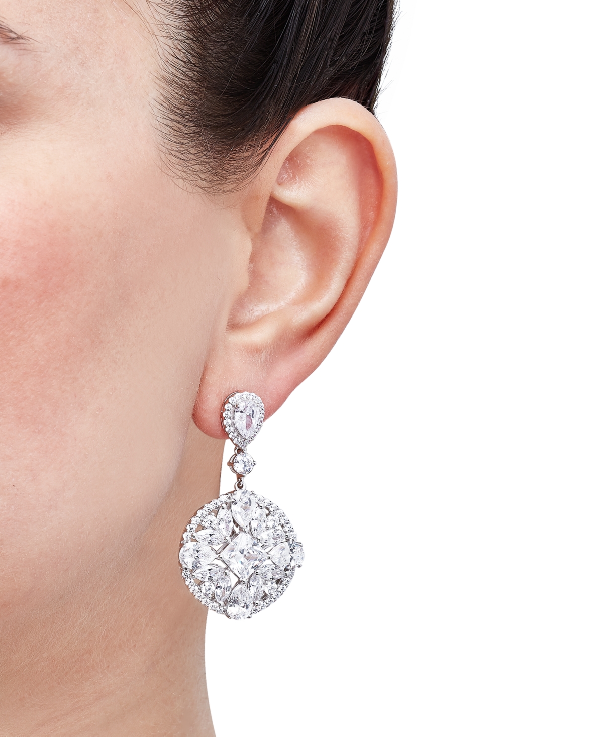Arabella Cubic Zirconia Mixed Cut Circle Cluster Drop Earrings In Sterling Silver In Silver