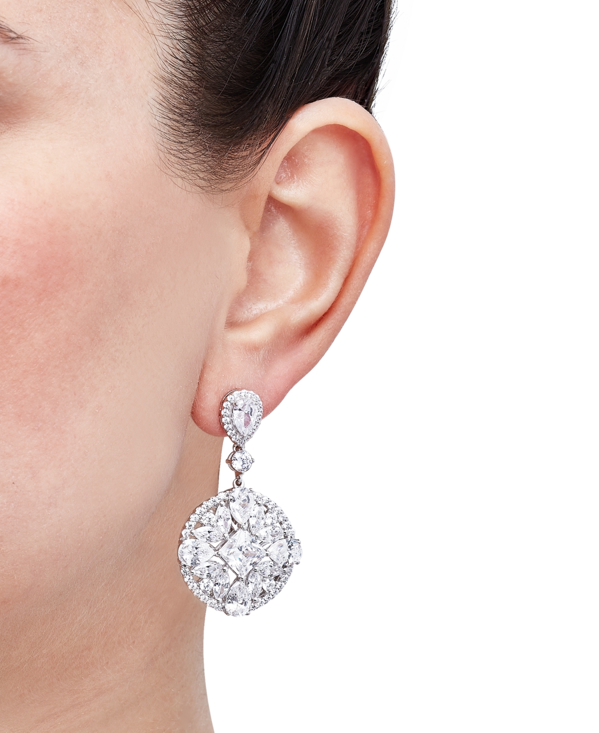 Shop Arabella Cubic Zirconia Mixed Cut Circle Cluster Drop Earrings In Sterling Silver