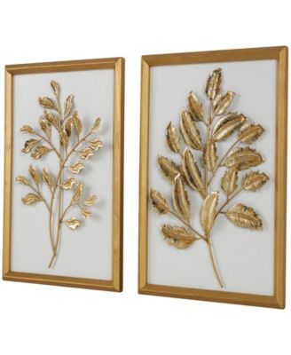Gold Wood Leaf 3D Wall Decor with Beveled Frame, Set of 2 13"W, 17"H