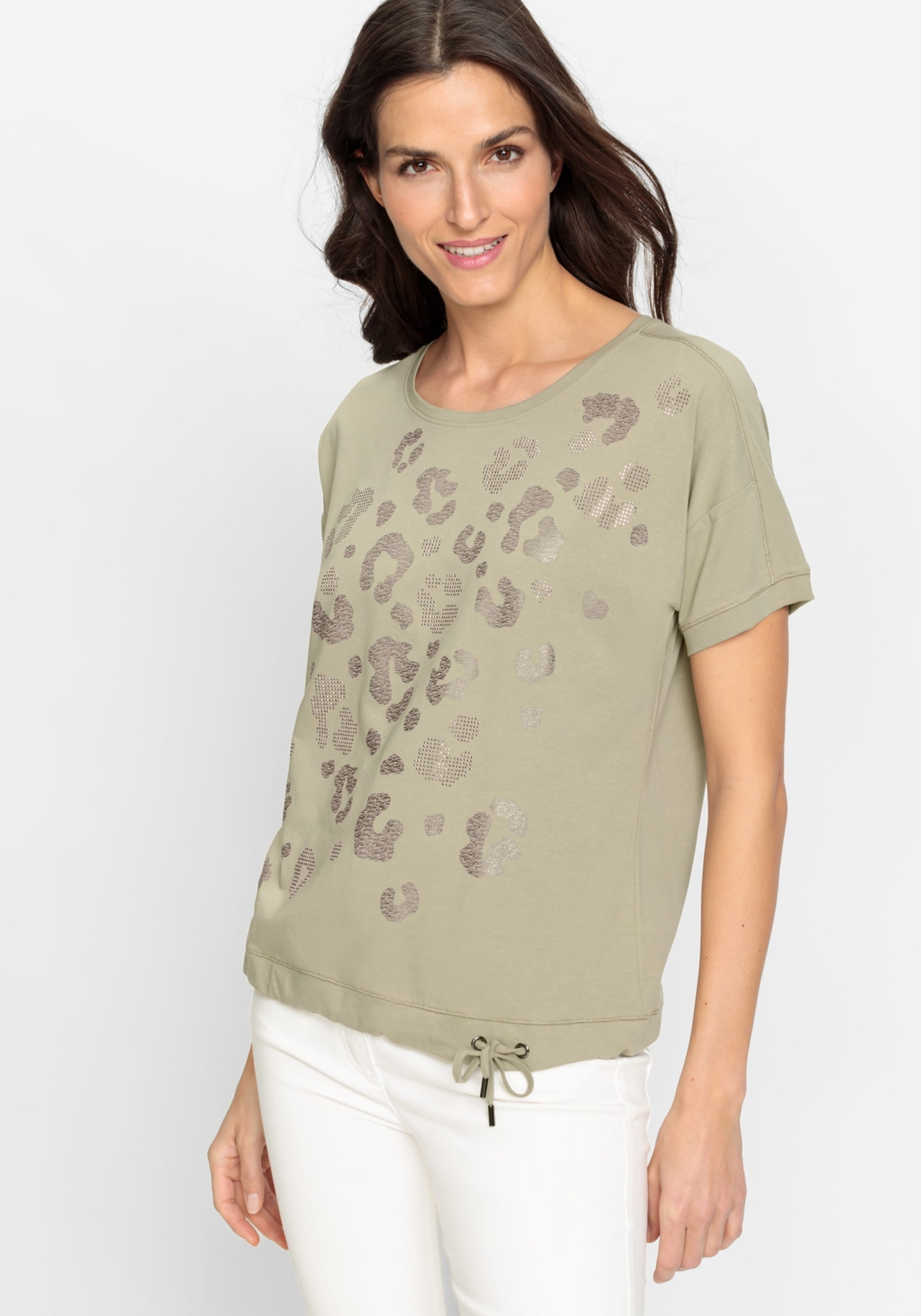 Women's Cotton Blend Embellished Leo Print T-Shirt - Light khaki