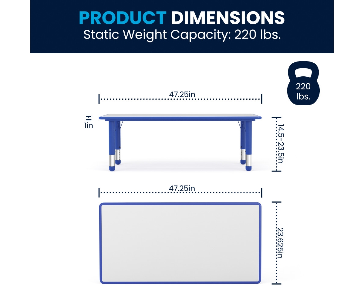 23.625"W X 47.25"L Rectangular Plastic Height Adjustable Activity Table Set With 6 Chairs