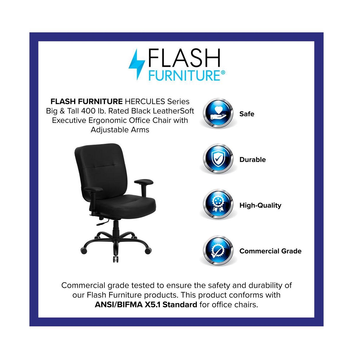 Emma+Oliver 400 Lb. Big & Tall High Back Rectangular Back Ergonomic Office Chair & Arms