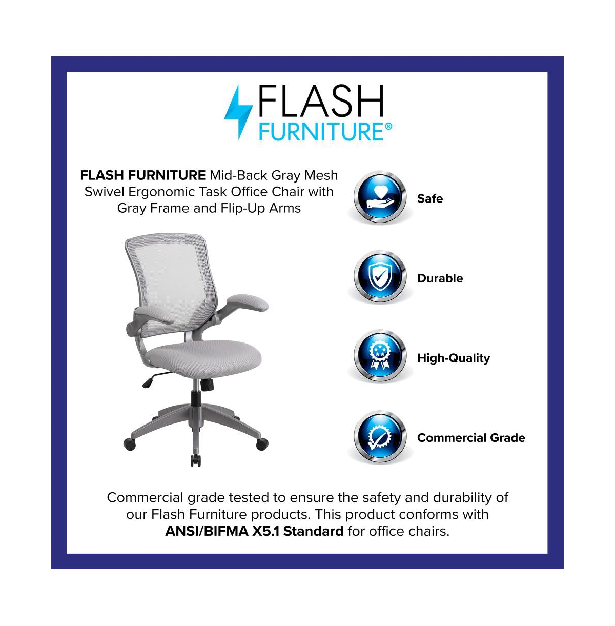 Emma+Oliver Mid-Back Mesh Swivel Ergonomic Task Office Chair WithFrame & Flip-Up Arms - Gray