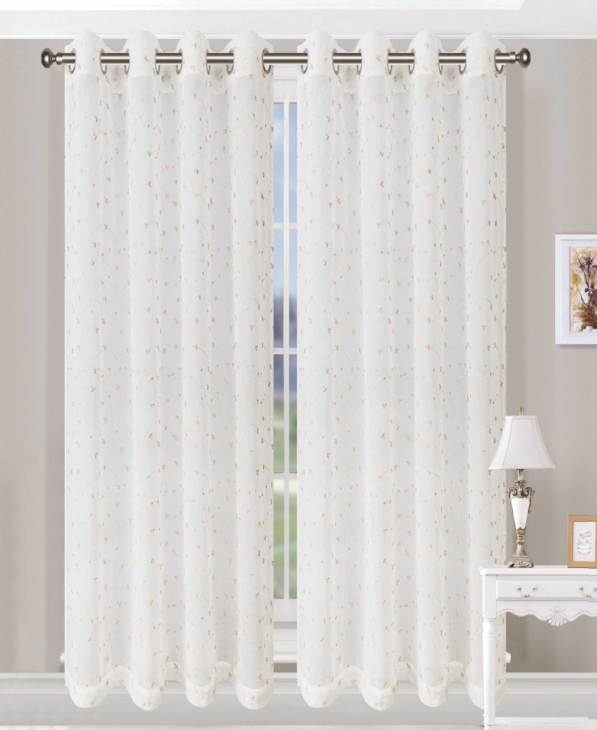 Traditional Embroidered Delicate Flower Farmhouse Sheer Grommet 2-Piece Curtain Panel Set with Grommet Header Top, 52" X 108" - Champagne