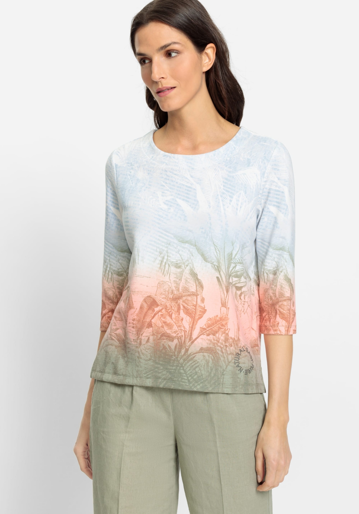 Women's 3/4 Sleeve Mixed Print Jersey Top - Light khaki