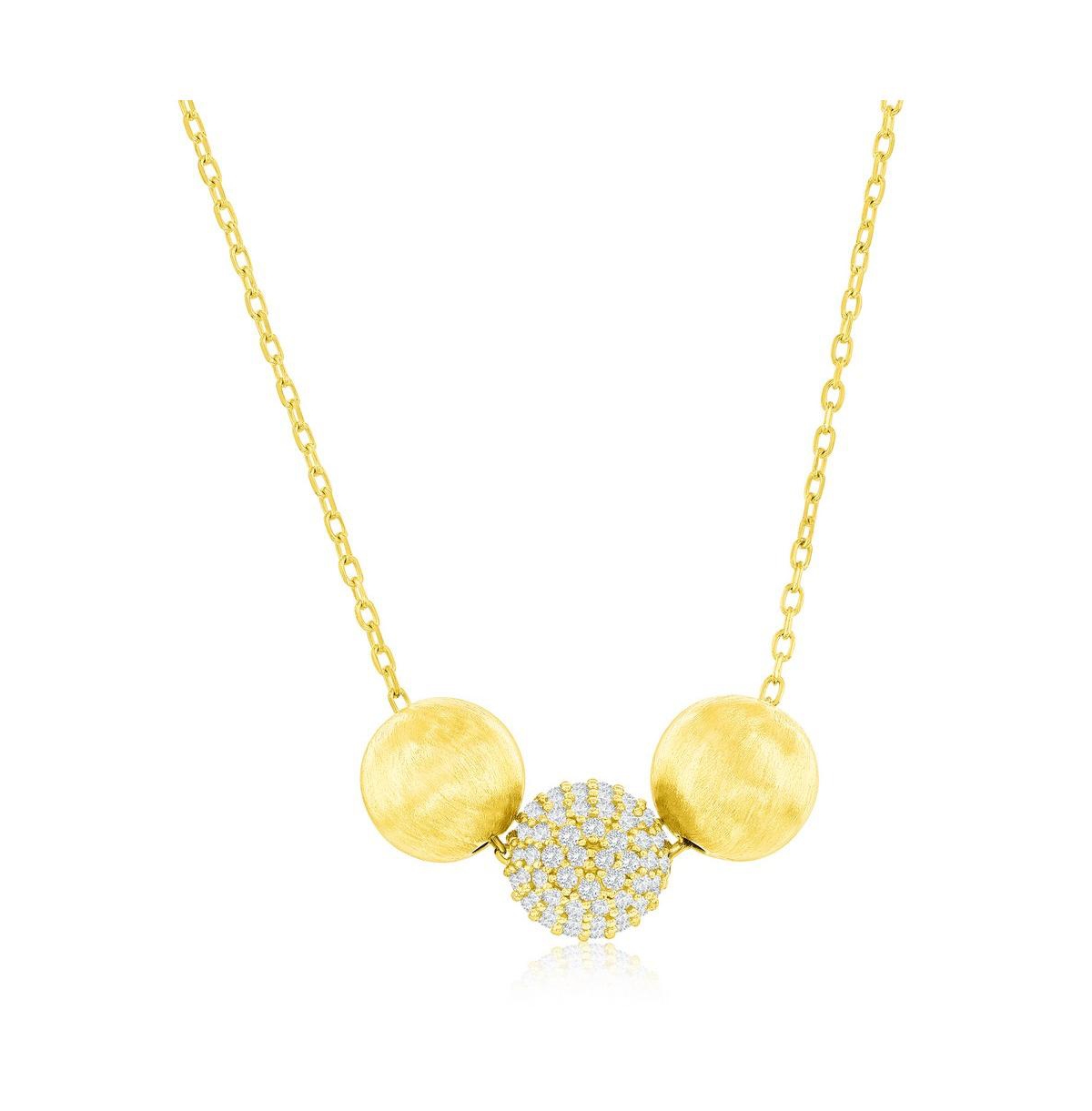 Gold Plated Over Sterling Silver Triple Bead Matte Cz Necklace - Gold