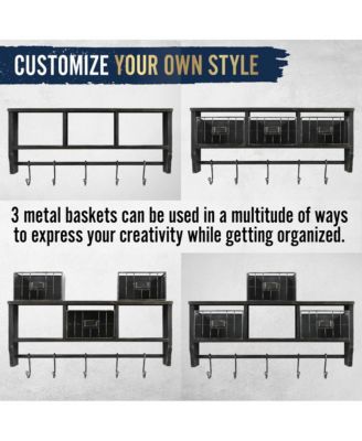 Rustic Coat Rack Wall Mounted Shelf With Hooks & Baskets, Entryway Organizer Wall Shelf With 5 Coat Hooks And Cubbies