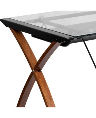 Glass Computer Desk-Pull-Out Keyboard Tray & Crisscross Frame