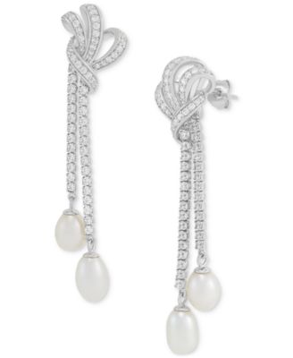 Freshwater Pearl (8x6mm & 7x5mm) Cubic Zirconia Knotted Drop Earrings in Sterling Silver