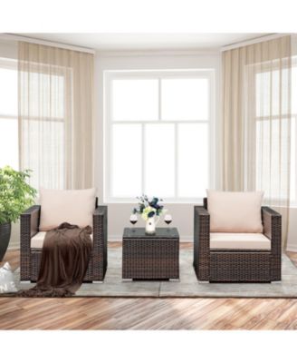 3PCS Patio Rattan Outdoor Furniture Set w/ Cushioned Sofa Coffee Table