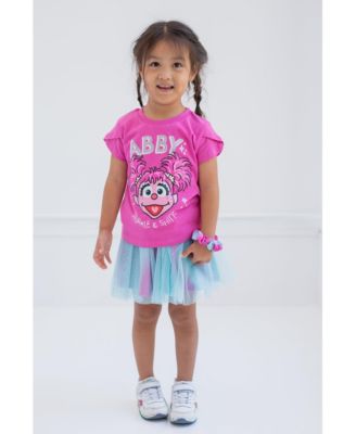 Toddler Girls Elmo Abby Cadabby T-Shirt Tulle Skirt and Scrunchie 3 Piece Outfit Set to