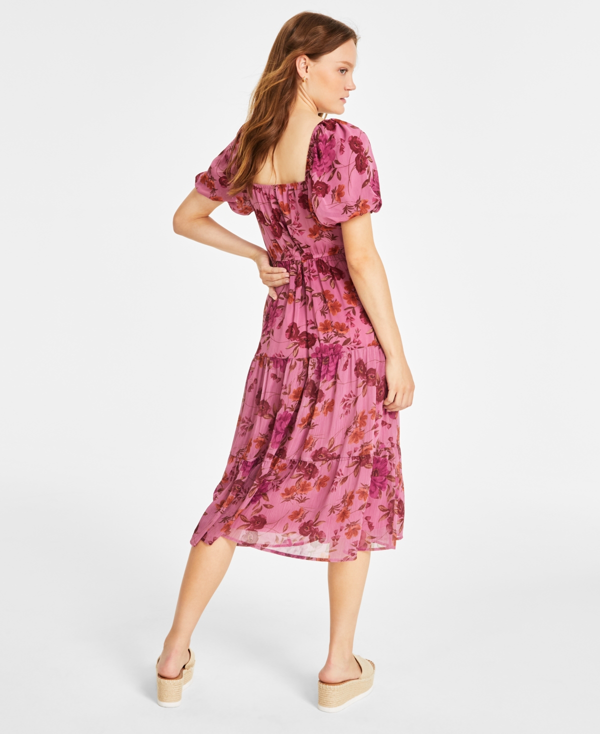 City Studios Juniors' Floral Print Puff-Sleeve Tiered Midi Dress -wine