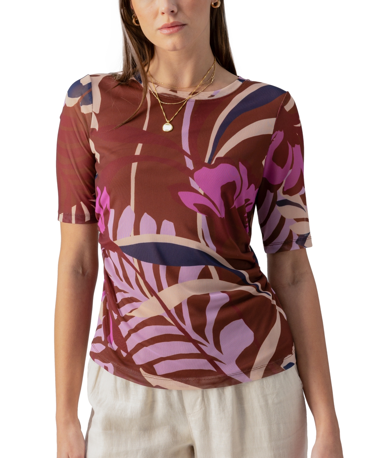 Women's Perfect Printed Mesh Elbow-Sleeve Top - South Palm Rich Clay