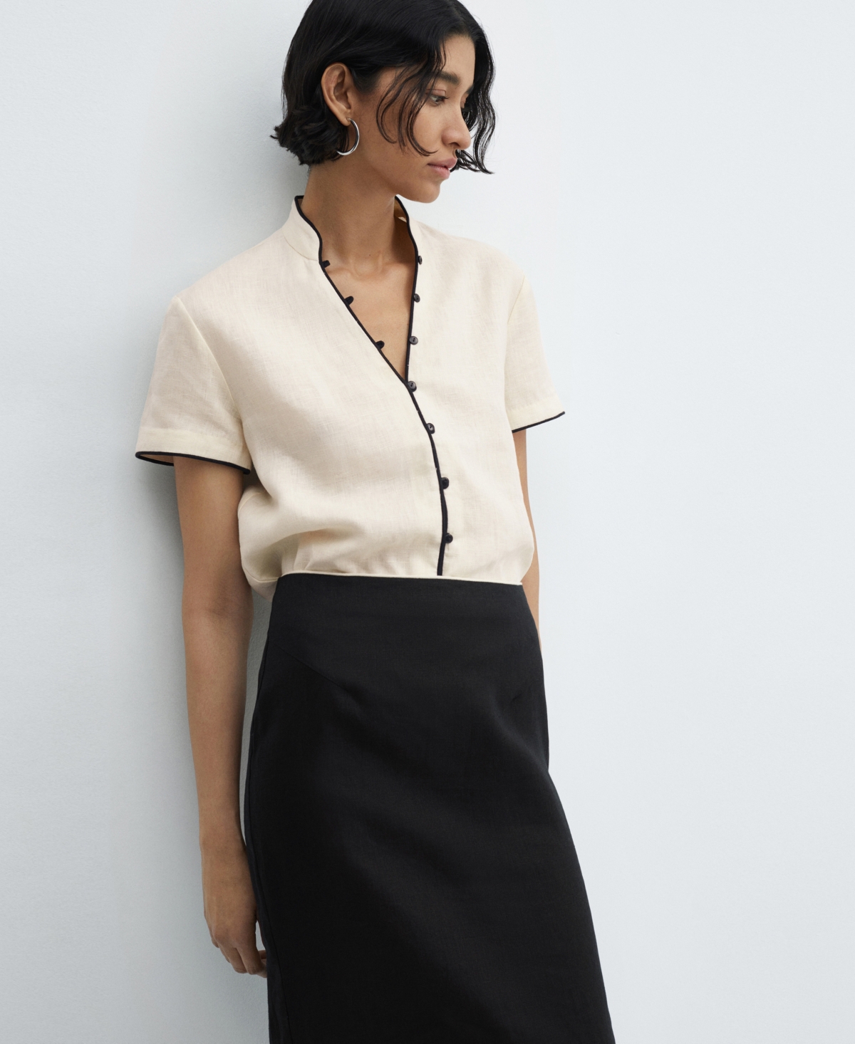 Women's Slit Detail Linen Skirt - Black