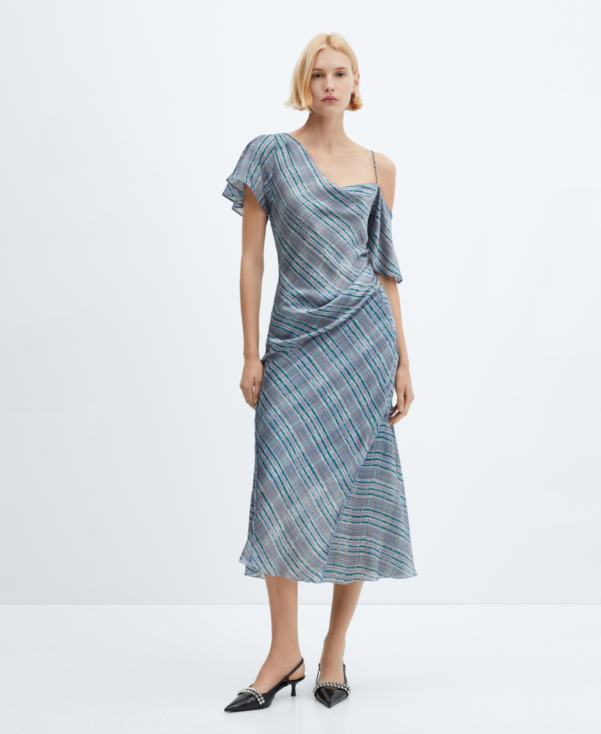 Mango Asymmetric Satin Check Blouse Blue In Medium Blue