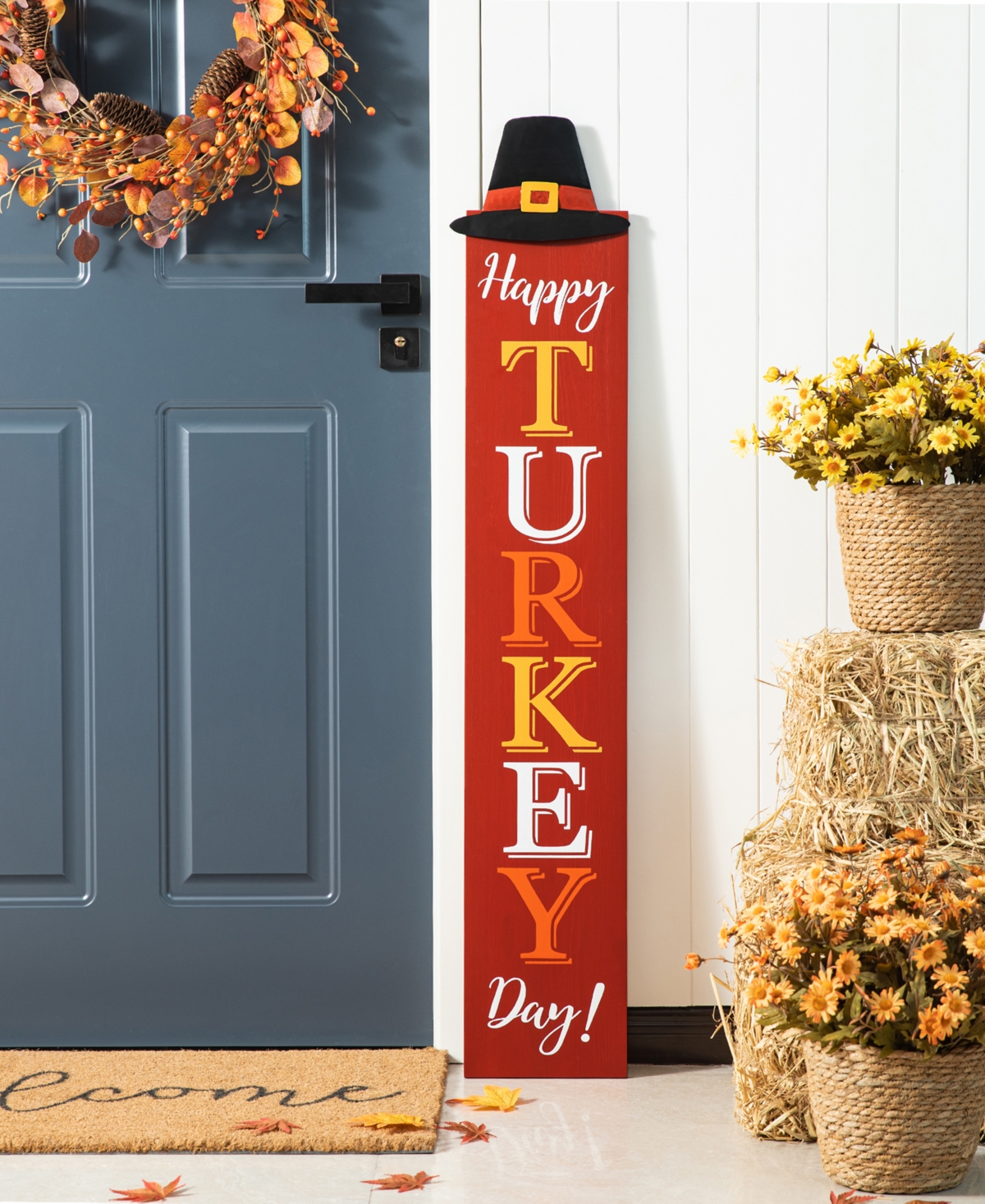 Glitzhome 58.5"h Thanksgiving Wooden "happy Turkey Day" Porch Sign With Fabric Dangling Legs In Multi