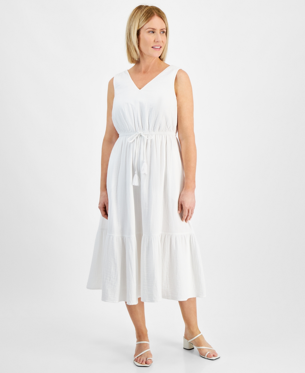 Shop Style & Co Petite Drawstring-waist Sleeveless Midi Dress, Created For Macy's In Bright White