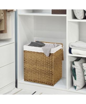 Synthetic Rattan Laundry Hamper with Lid, 2 Sections Removable Liner Bag
