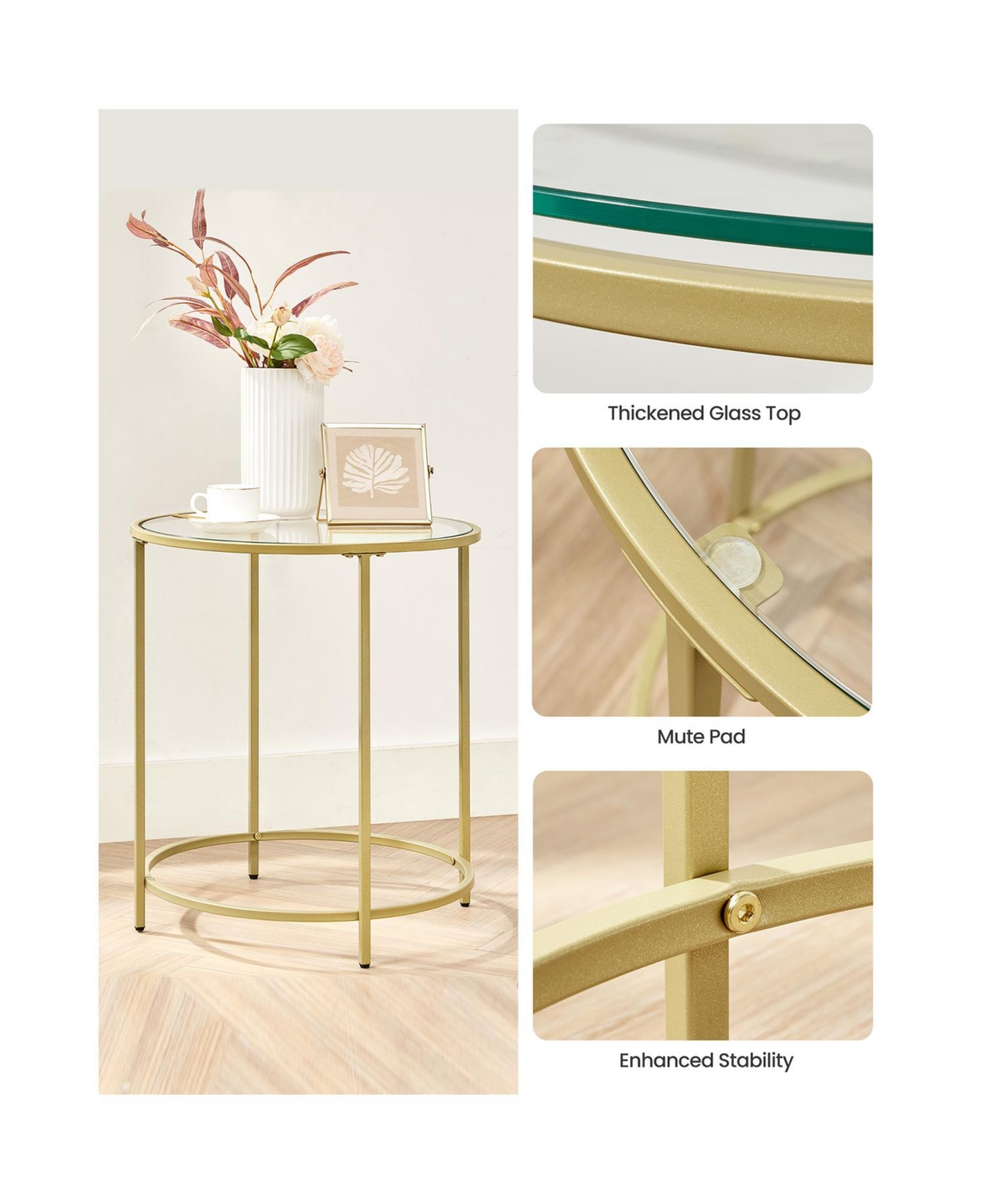 Slickblue Round Side Table, Glass End Table With Metal Frame, Small Coffee Accent Table Set of 2