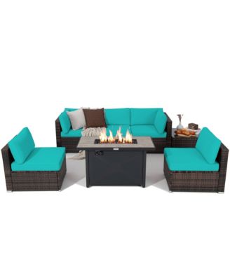 7PCS Patio Rattan Furniture Set Fire Pit Table Cover Cushion
