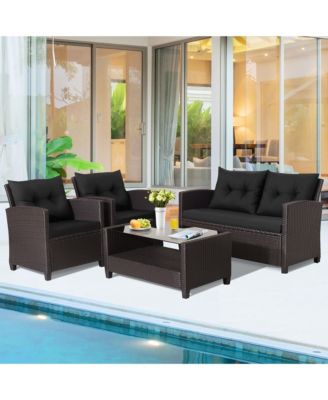 4PCS Outdoor Conversation Set Patio PE Rattan Set w/ Glass Table & Sofa Cushions