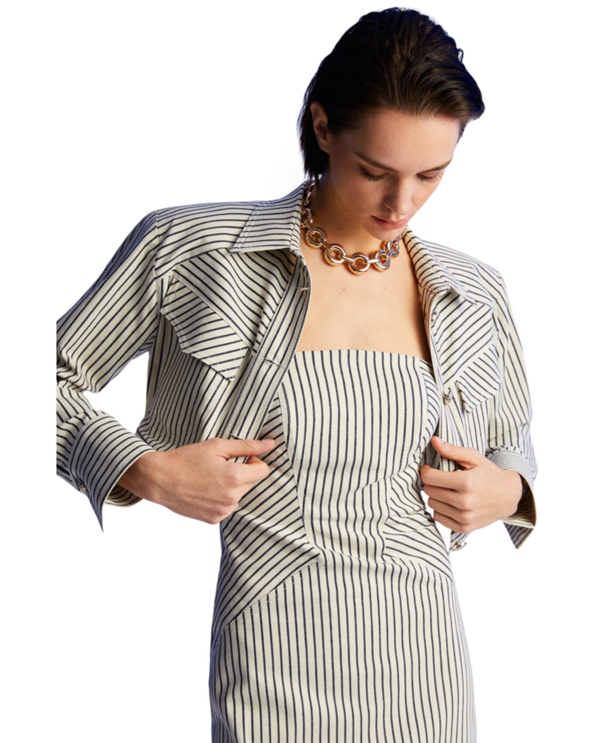 Women's Striped Crop Jacket - Beige