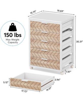 5-Drawer Wood Storage Cabinet with Wheels – Industrial Organizer Cart for Office, Bedroom, Entryway