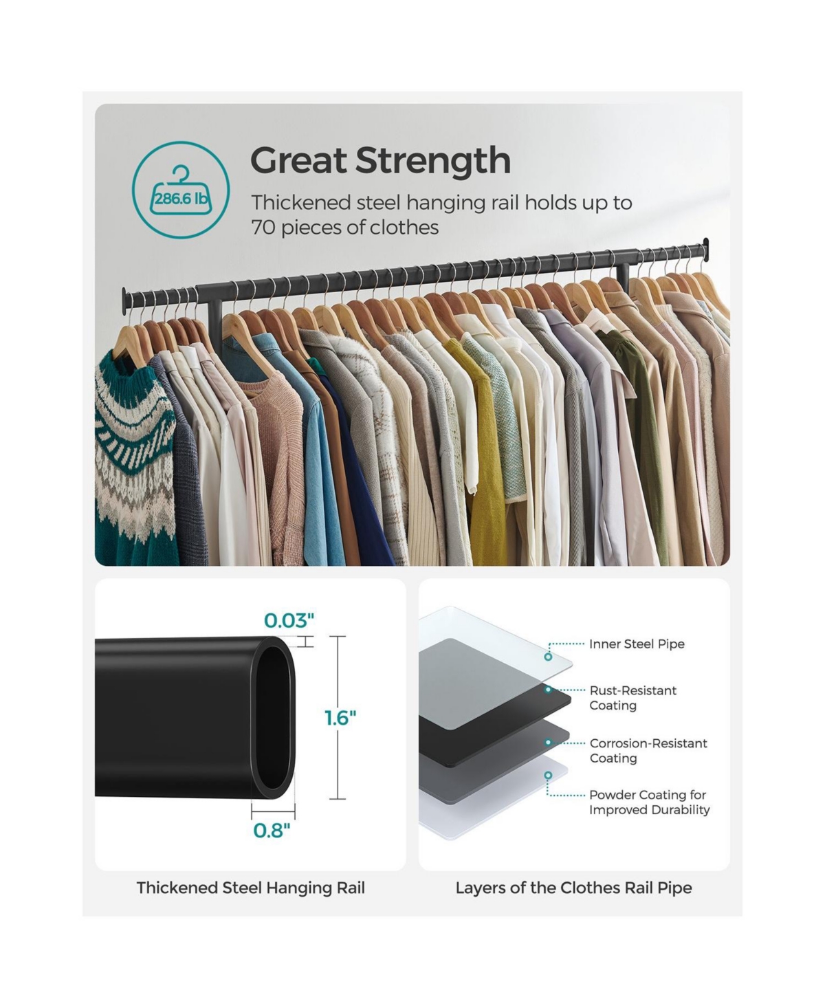 Slickblue Clothes Rack with Wheels, Heavy-Duty Garment Rack with Extendable Hanging Rod