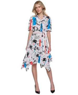 KARL LAGERFELD PARIS Women's Printed Bungee-Sleeve Shirt Dress - Macy's