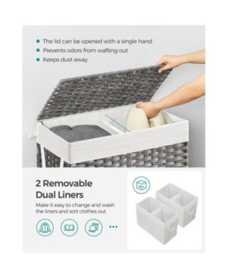 Synthetic Rattan Laundry Hamper with Lid, 2 Sections Removable Liner Bag