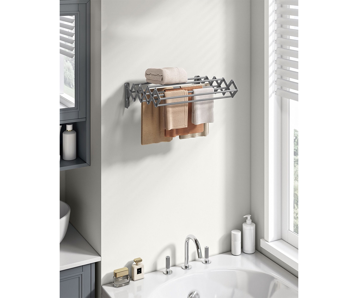 Slickblue Wall-Mounted Drying Rack Clothing, 9 Staggered Hanging Rods, Expandable and Retractable, Steel
