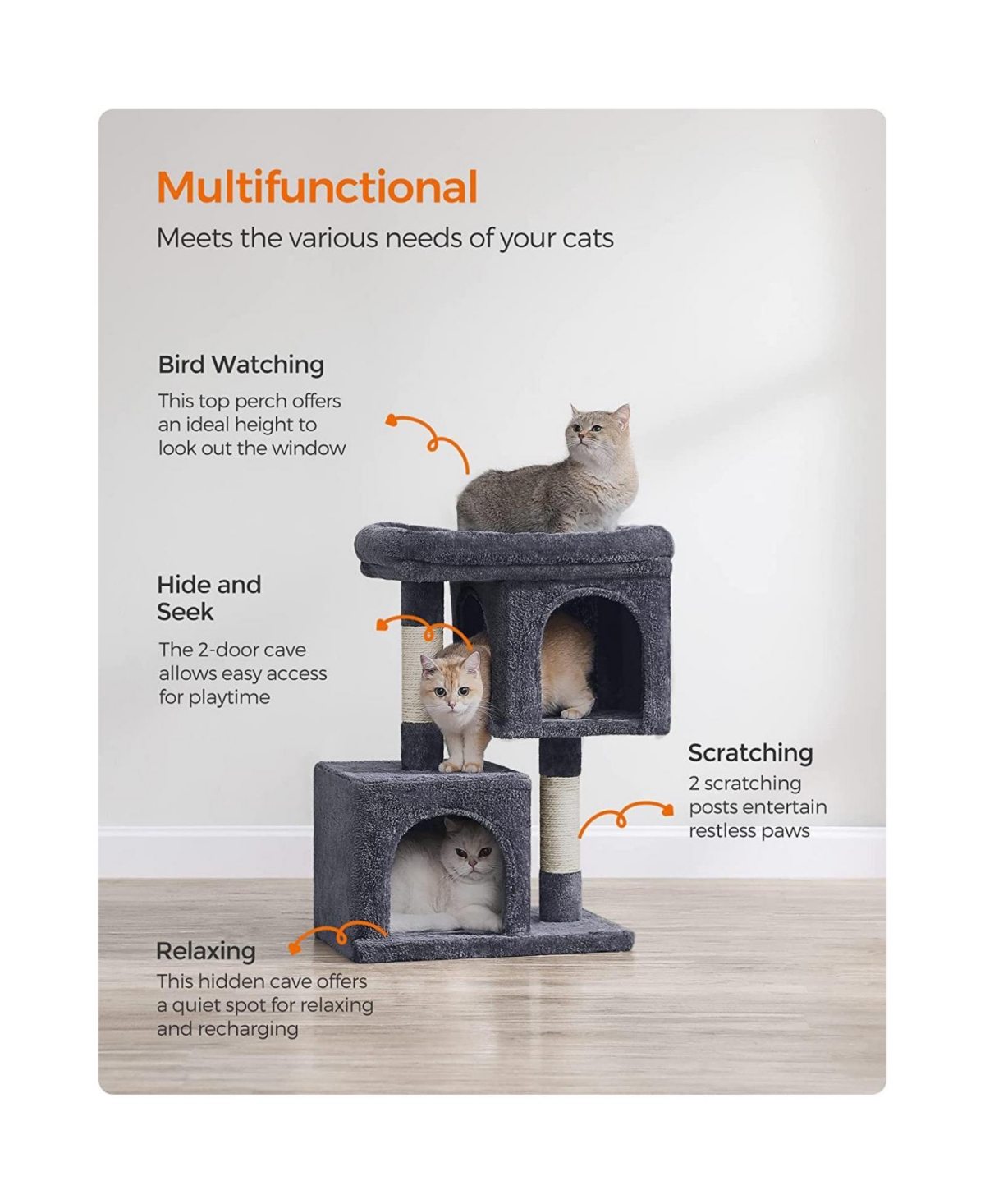 Slickblue Cat Tree With Plush Condos, Sisal-covered Scratching Posts, Cat Furniture For Kittens