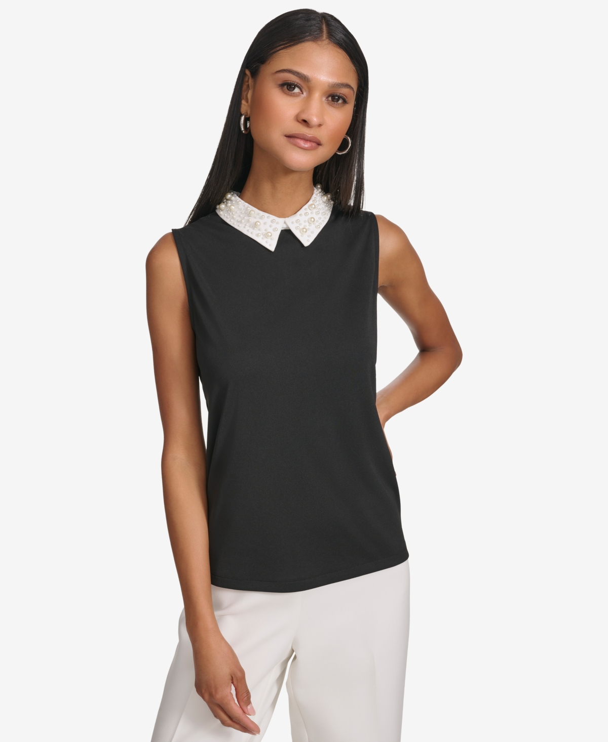 Women's Embellished Collar Sleeveless Blouse - Blk/sft Wt