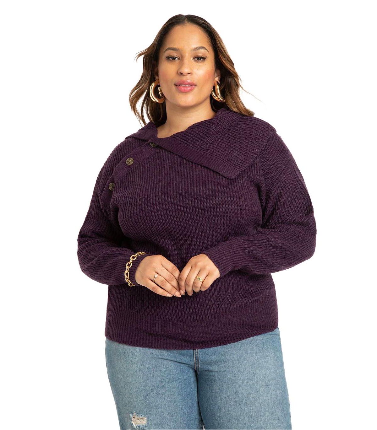 Plus Size Asym Button Collar Sweater - Blackberry cordial
