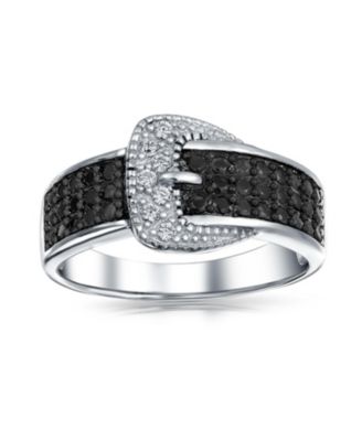 Trendy Fashion Pave Cubic Zirconia Black CZ Statement Belt Buckle Band Ring .925 Sterling Silver