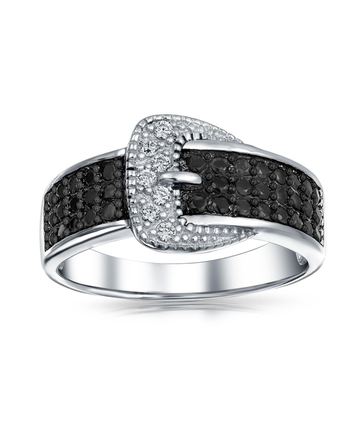 Bling Jewelry Trendy Fashion Pave Cubic Zirconia Black Cz Statement Belt Buckle Band Ring For Women .925 Sterling Silver
