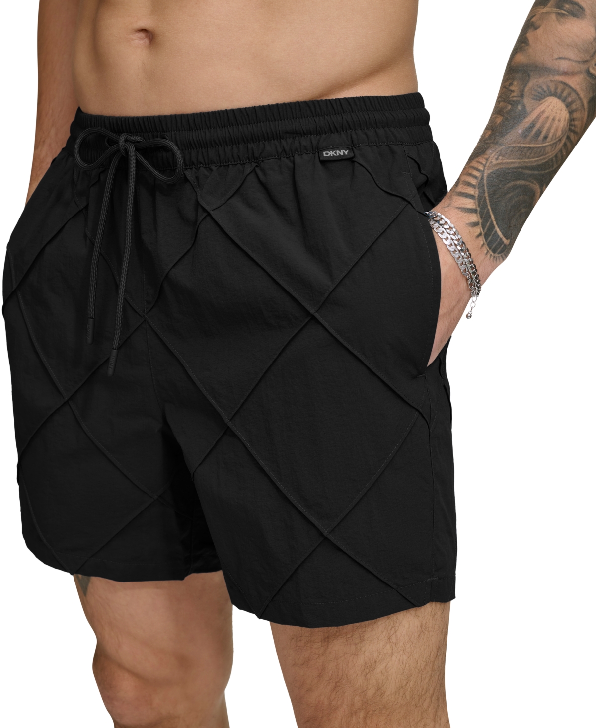 Shop Dkny Men's Diamond Pintuck Performance 5" Volley Shorts In Black