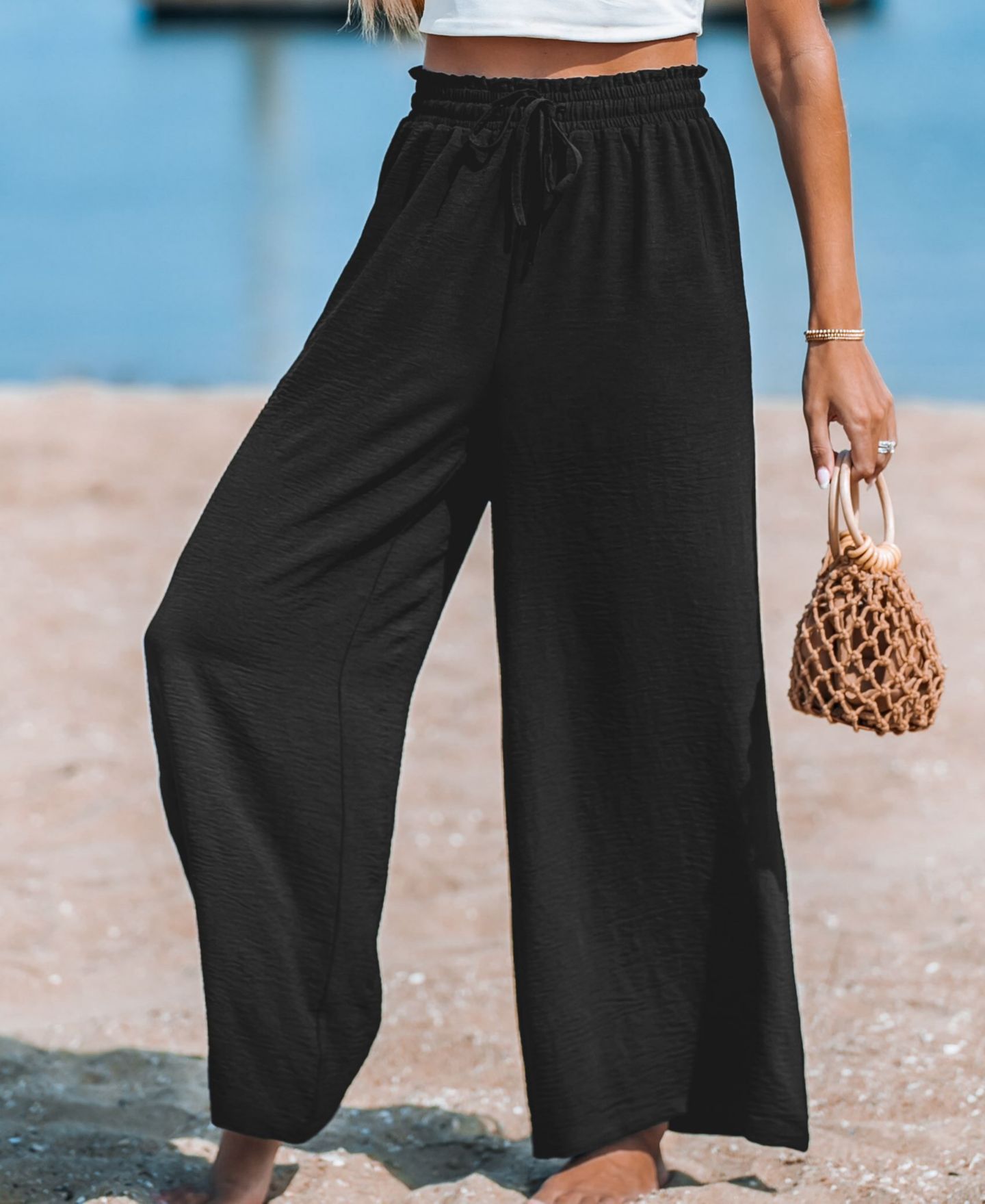 Женские брюки Cupshe Summer Lovin Drawstring Wide-Leg, цвет: Чёрный — фото 2