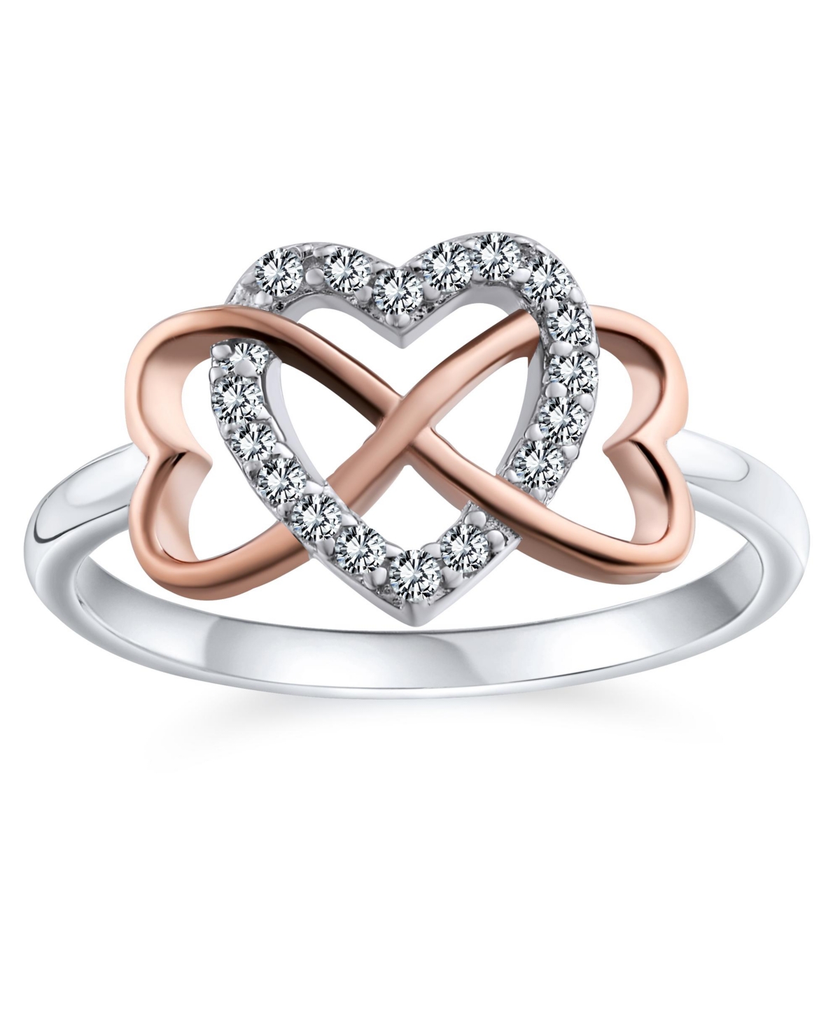 Romantic Two Tone Pave Cz Accent Cubic Zirconia Crossover Intertwined Infinity& Heart Promise Ring For Women Rose Gold Plated .925 Sterl