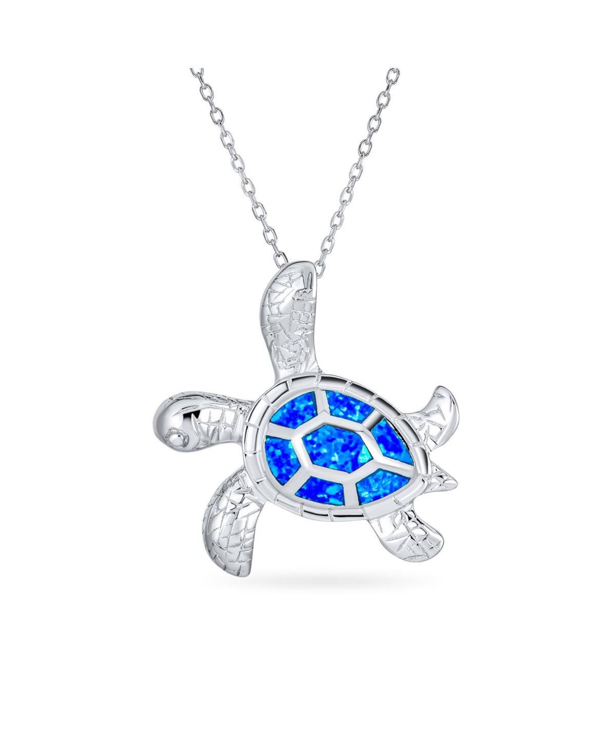 Large Nautical Tropical Beach Vacation Iridescent Blue Created Opal Inlay Sea Tortoise Turtle Pendant Necklace For Women Teen .925 Sterl