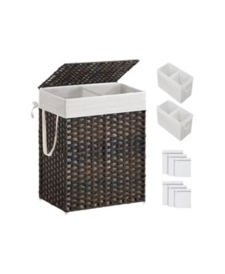 Synthetic Rattan Laundry Hamper with Lid, 2 Sections Removable Liner Bag