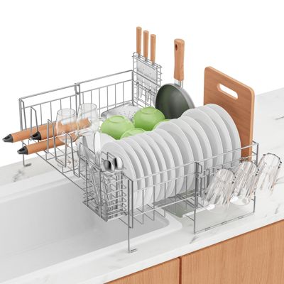Expandable Kitchen Counter Stainless Steel Large Dish Drying Rack with Cutlery Box and Cup Knife Holder