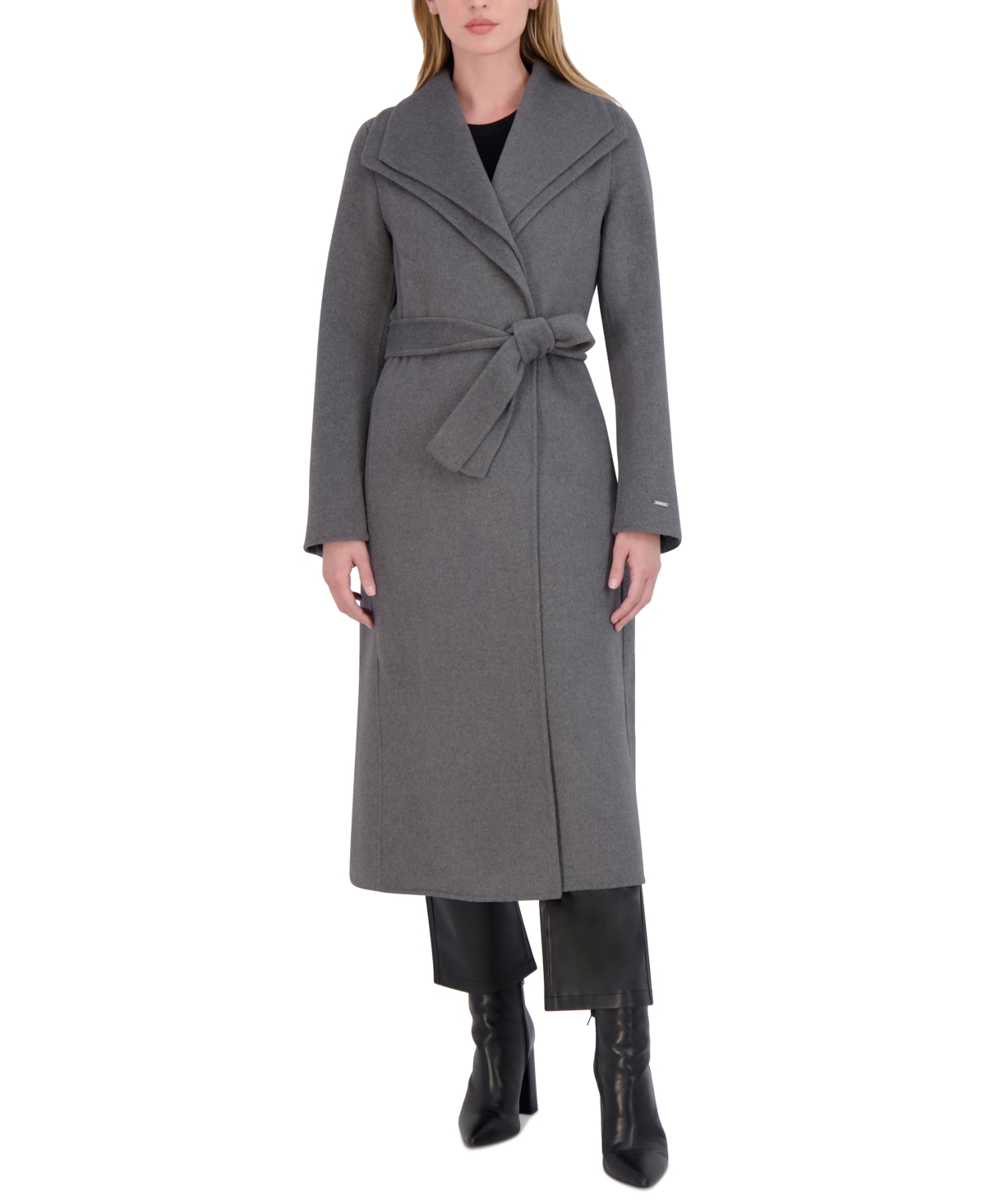 Women's Belted Wing-Collar Wrap Coat - Ash