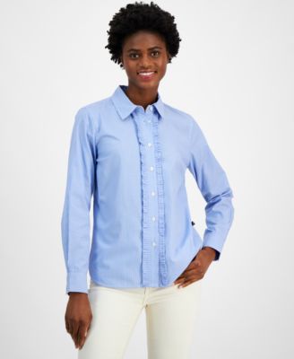 Nautica Jeans - Women's Striped Ruffled Button-Front Cotton Shirt