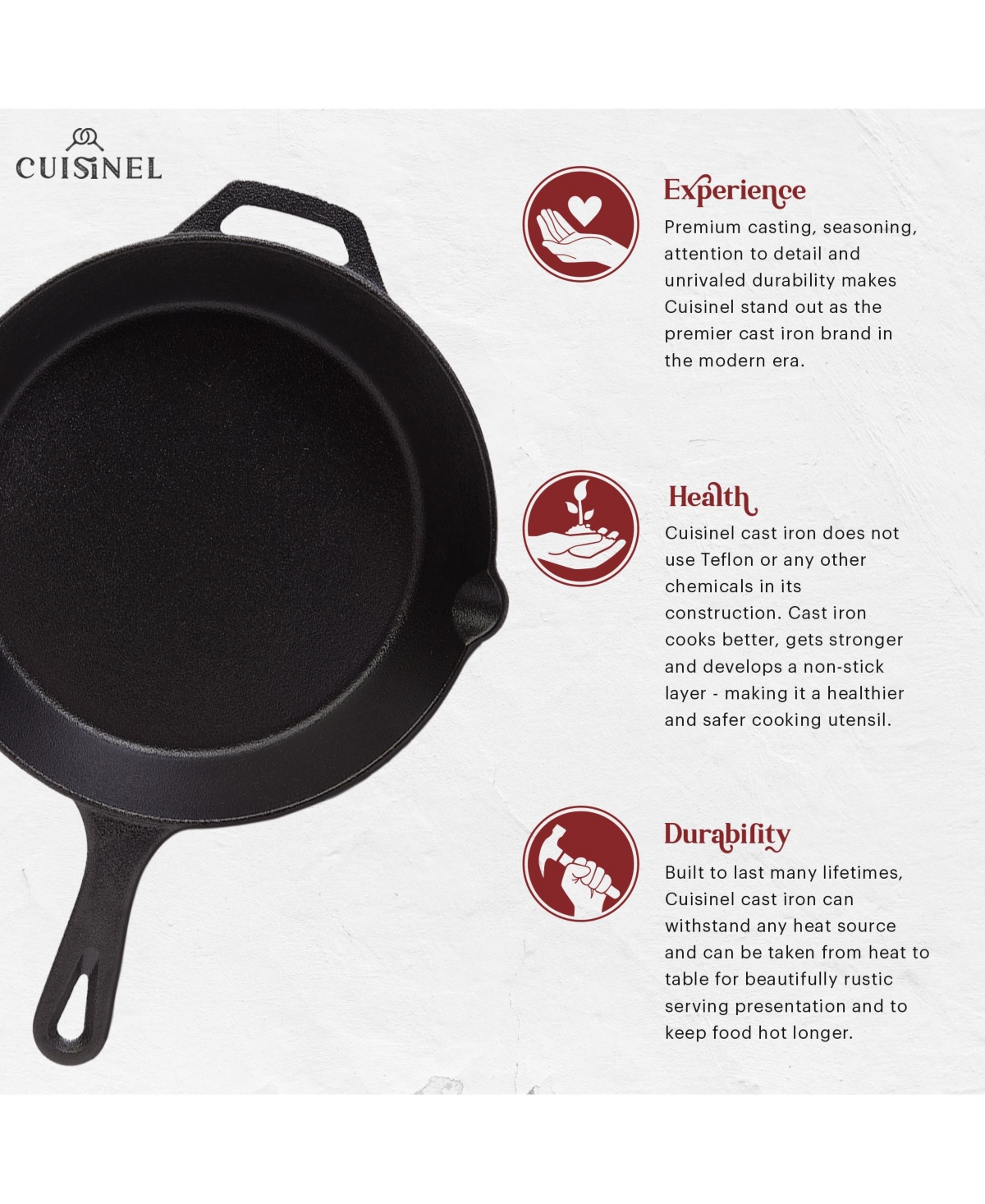 Cuisinel Cast Iron Skillet Set - 4-Piece Chef Pan - 6