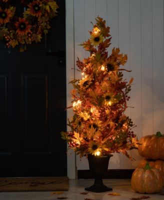48"H Fall Lighted Maple Leaf and Sunflower Urn Porch Tree with Timer