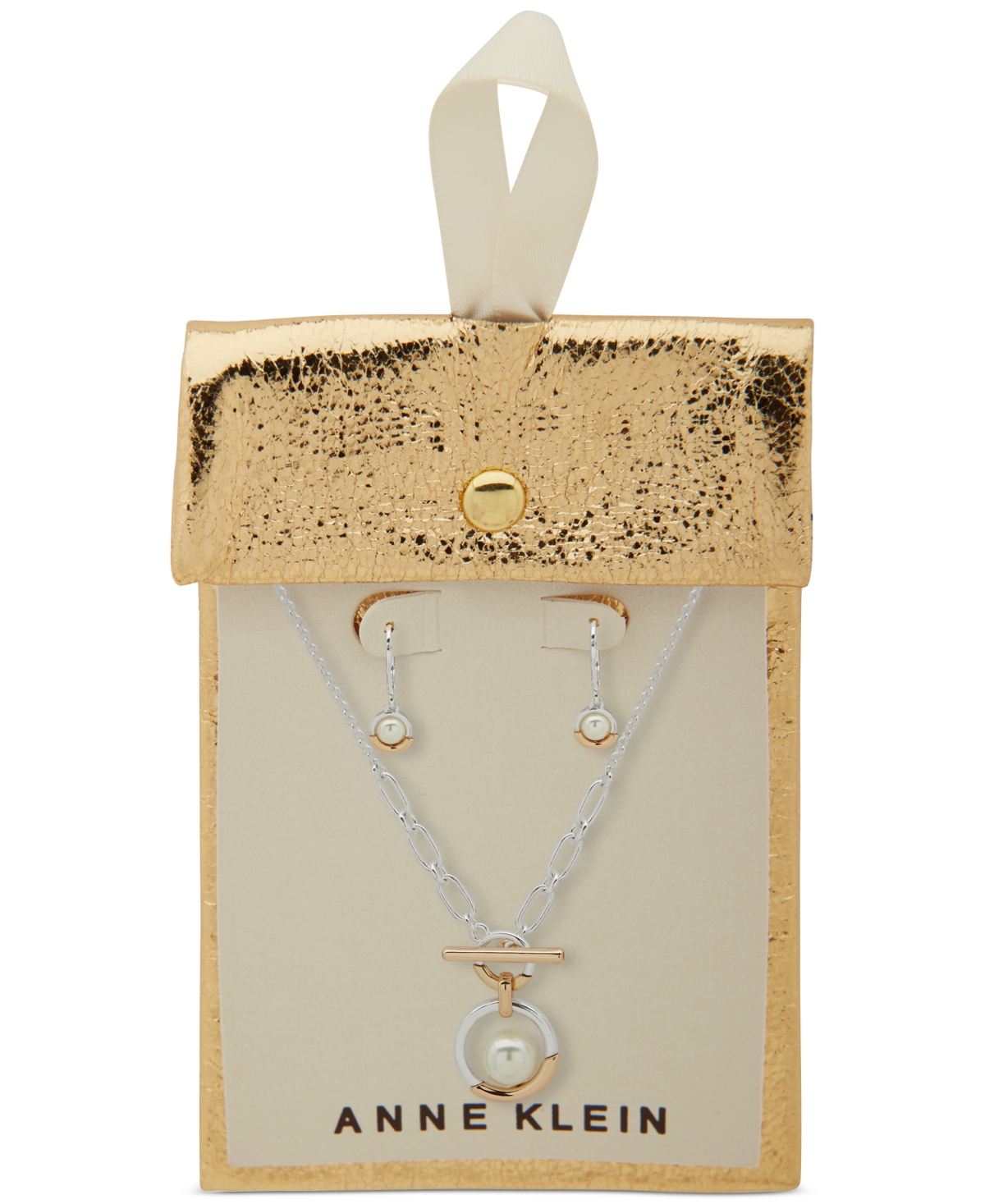 Anne Klein Two-Tone ImitationRing Pendant Necklace & Drop Earrings Set - Pearl