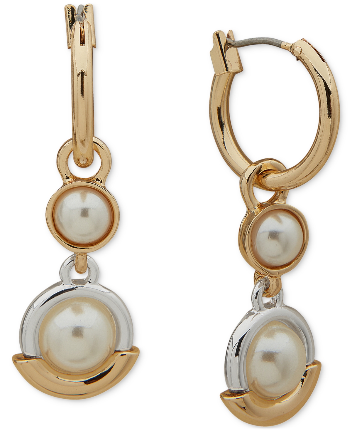 Two-Tone Double Imitation Pearl Charm Hoop Earrings - Pearl