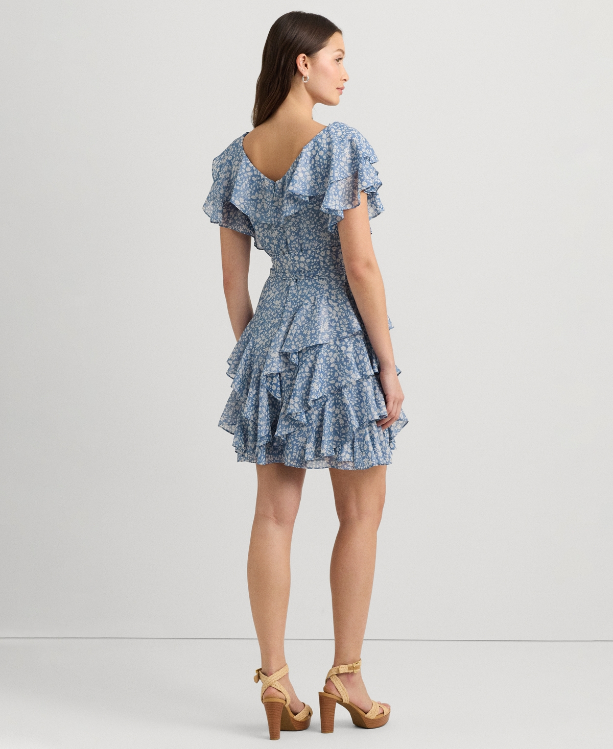 Shop Lauren Ralph Lauren Women's Ruffled Chiffon Fit & Flare Dress In Blue