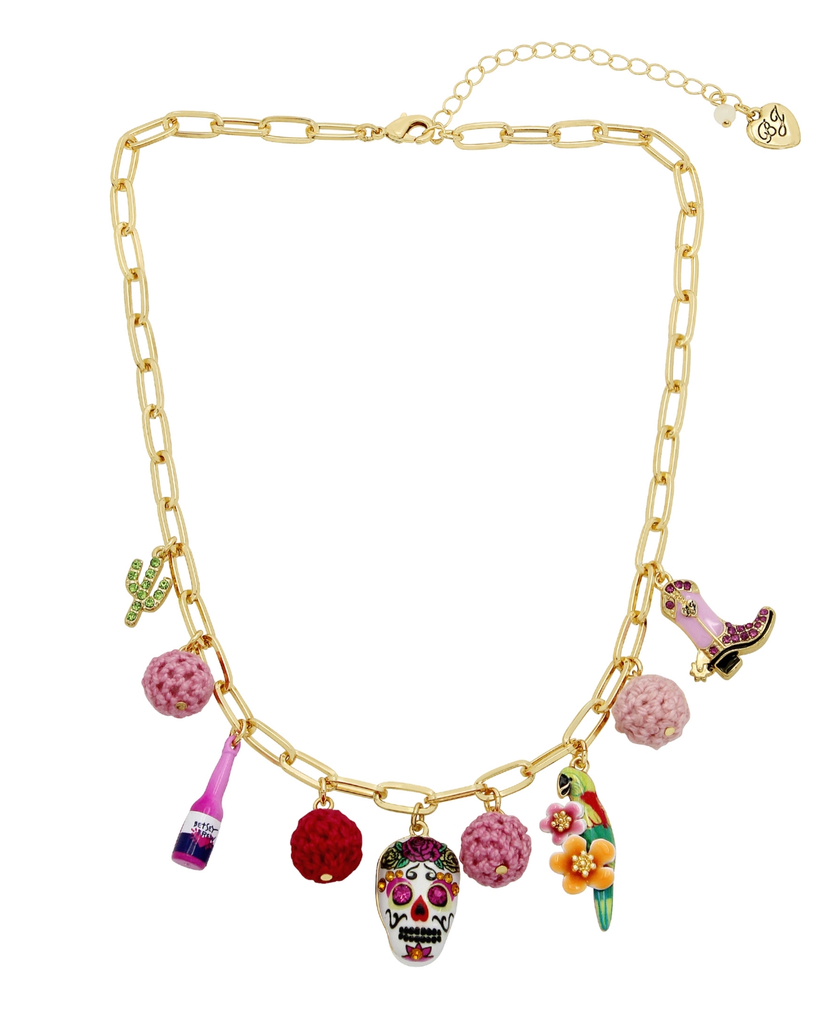 Betsey Johnson Faux Stone Sugar Skull Charm Bib Necklace In Pink